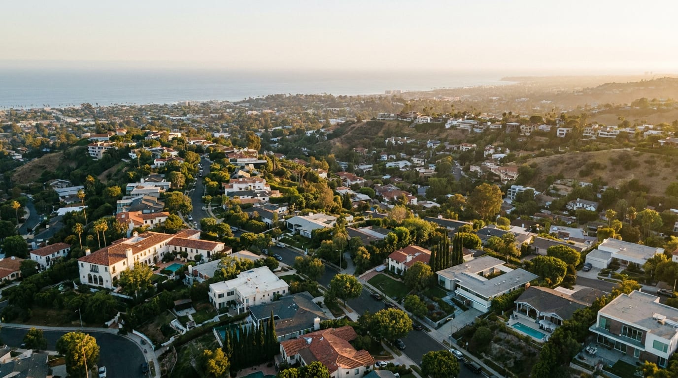 Aerial view of Los Angeles residential neighborhoods at golden hour