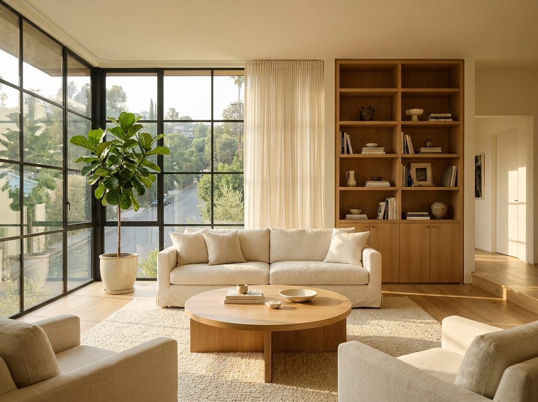 Representative Silver Lake furnished living room, sunlit with large windows